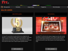 Imagen de la sala de juegos del Casino777 donde se informa del catálogo del operador.