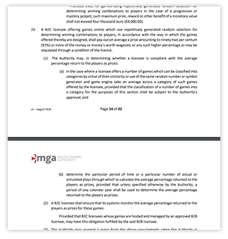 Extracto de la directiva de protección al jugador, parte 7, inciso 22 de la La Autoridad de Juegos de Malta.